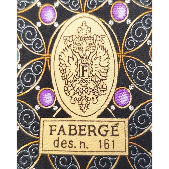 Faberge Mens Silk Neck Tie Blue and Purple Pearls with Black Filigree Print USA - Picture 5 of 8